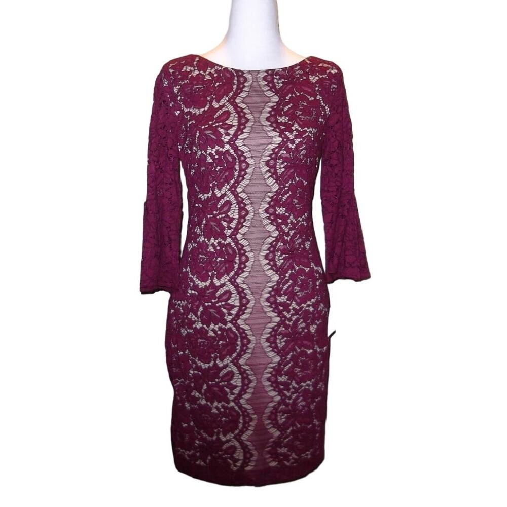 NWT Danny & Nicole Chic Lace Plum Beige Bell Sleeve Sheath Knee Length Dress 8